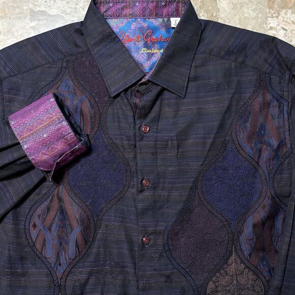Robert Graham Limited Edition Shirt Mens Large Purple Paisley Embroidered Flip - Picture 1 of 12